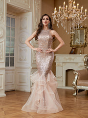 Rose Gold Sequin Halter Ruffle Tulle Mermaid Evening Gown