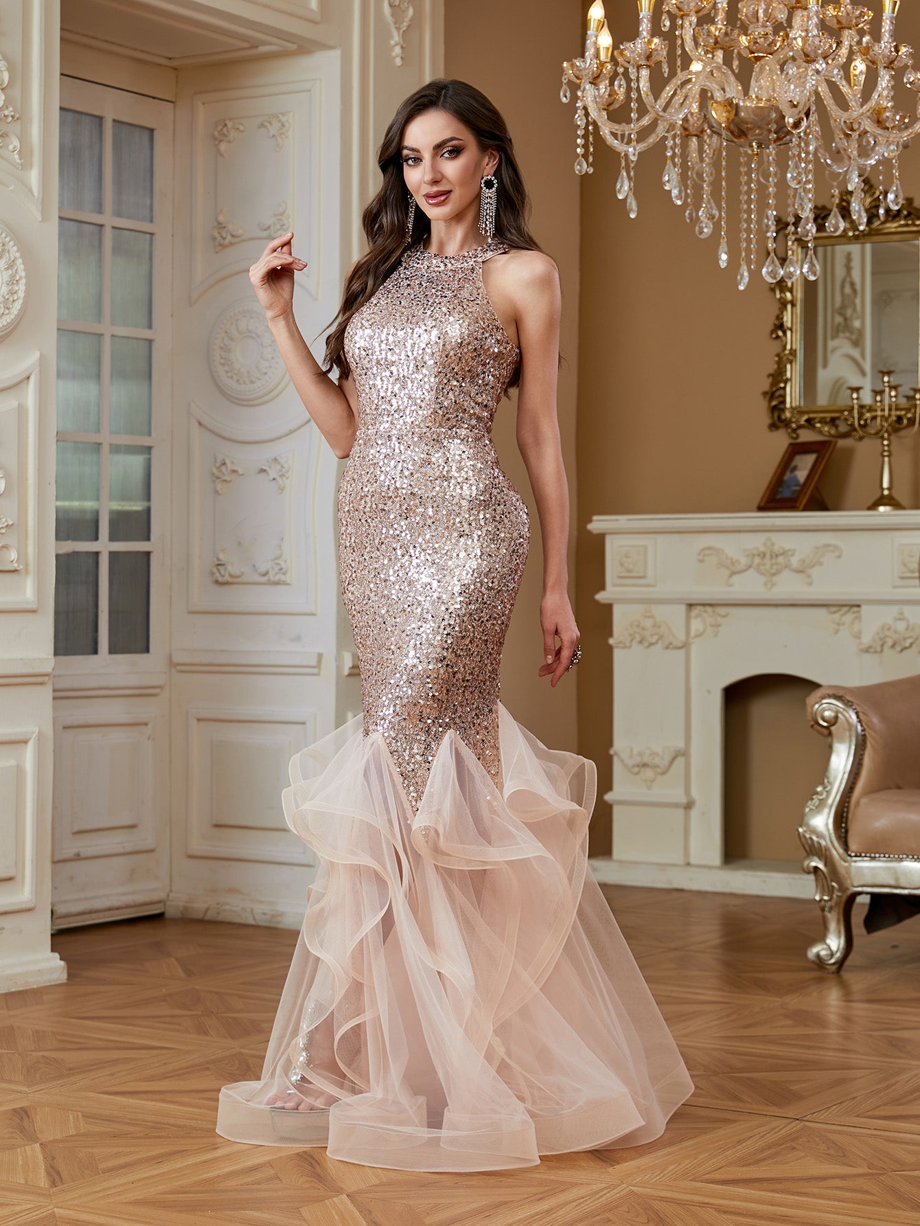 Rose Gold Sequin Halter Ruffle Tulle Mermaid Evening Gown