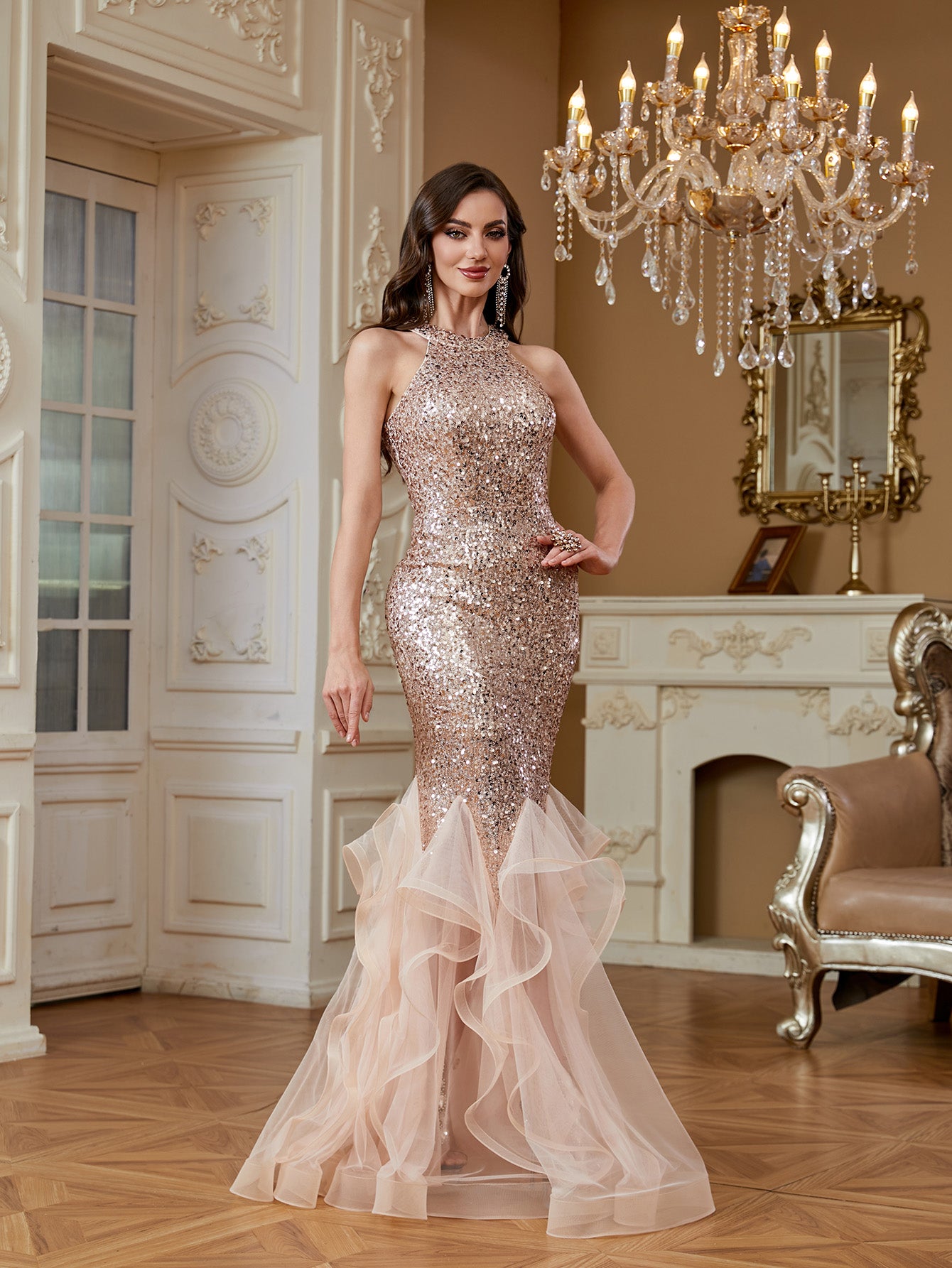 Rose Gold Sequin Halter Ruffle Tulle Mermaid Evening Gown