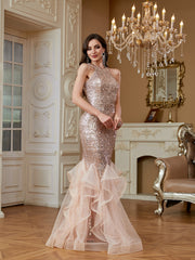 Rose Gold Sequin Halter Ruffle Tulle Mermaid Evening Gown