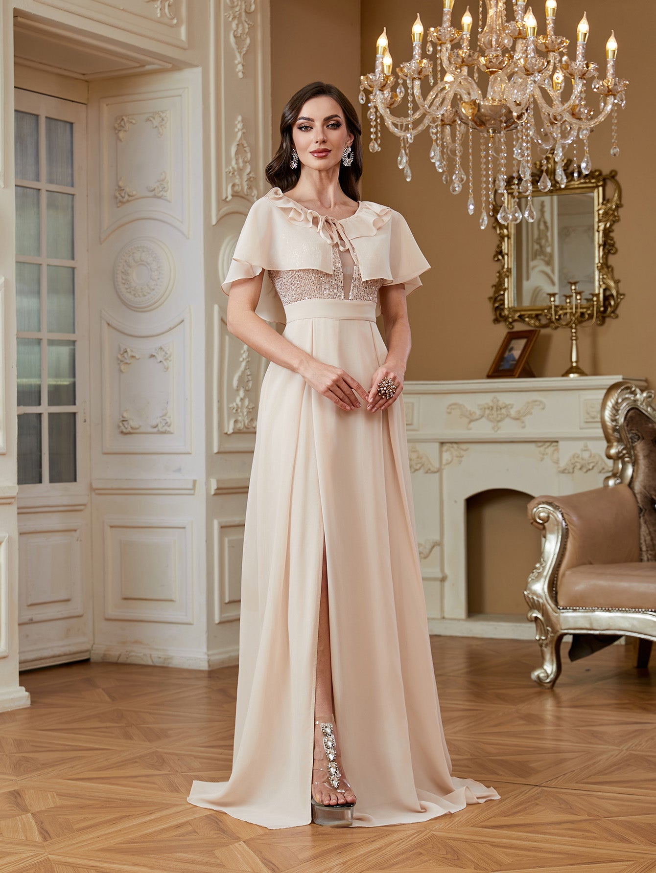 Suspender Sequined High Slit Skirt