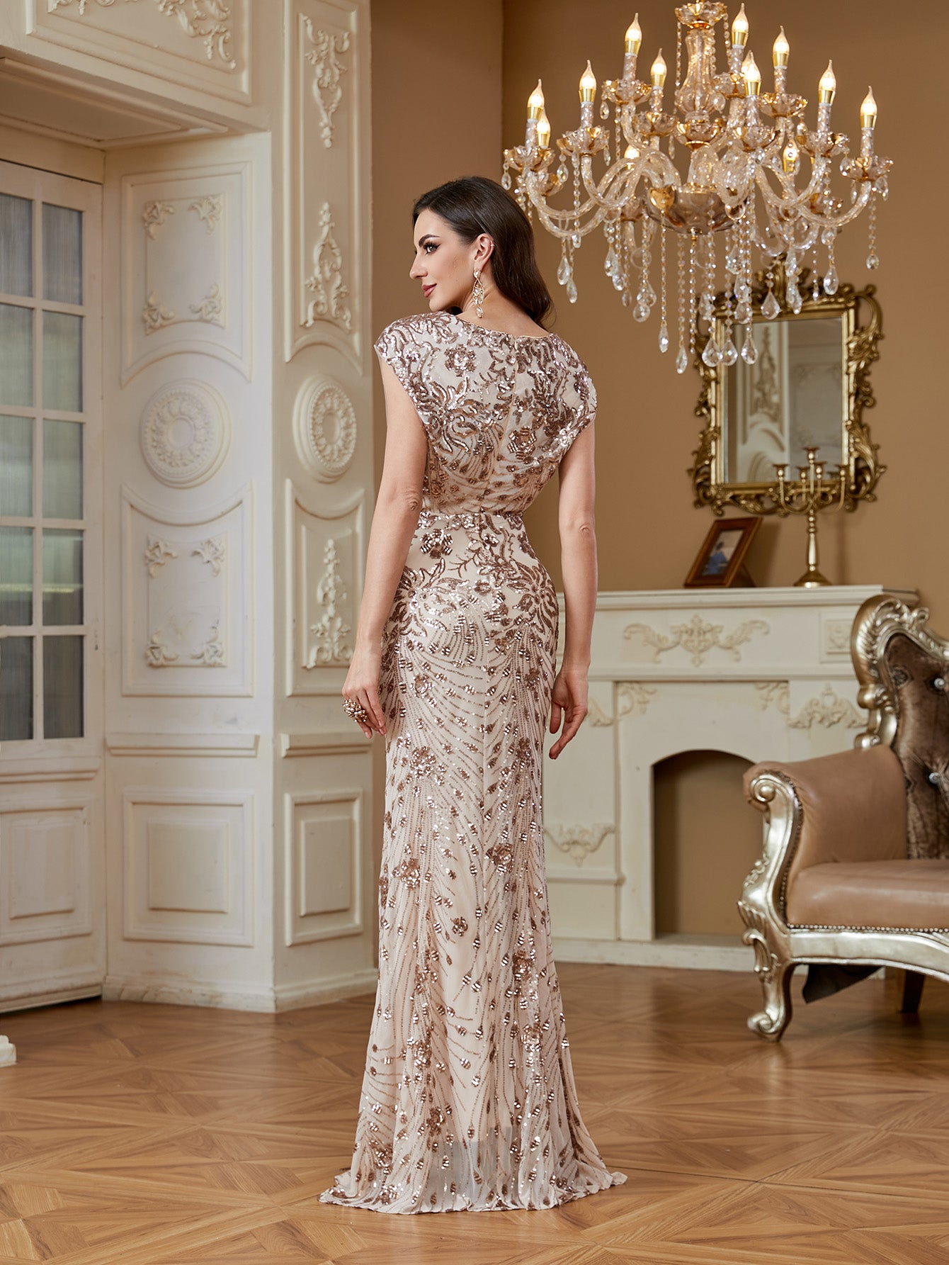 Long Elegant V-Neck Sequined Bodycon Formal Maxi Dress