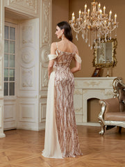 evening gown with a halter neck, backless design, sequin embellishments, high slit dress