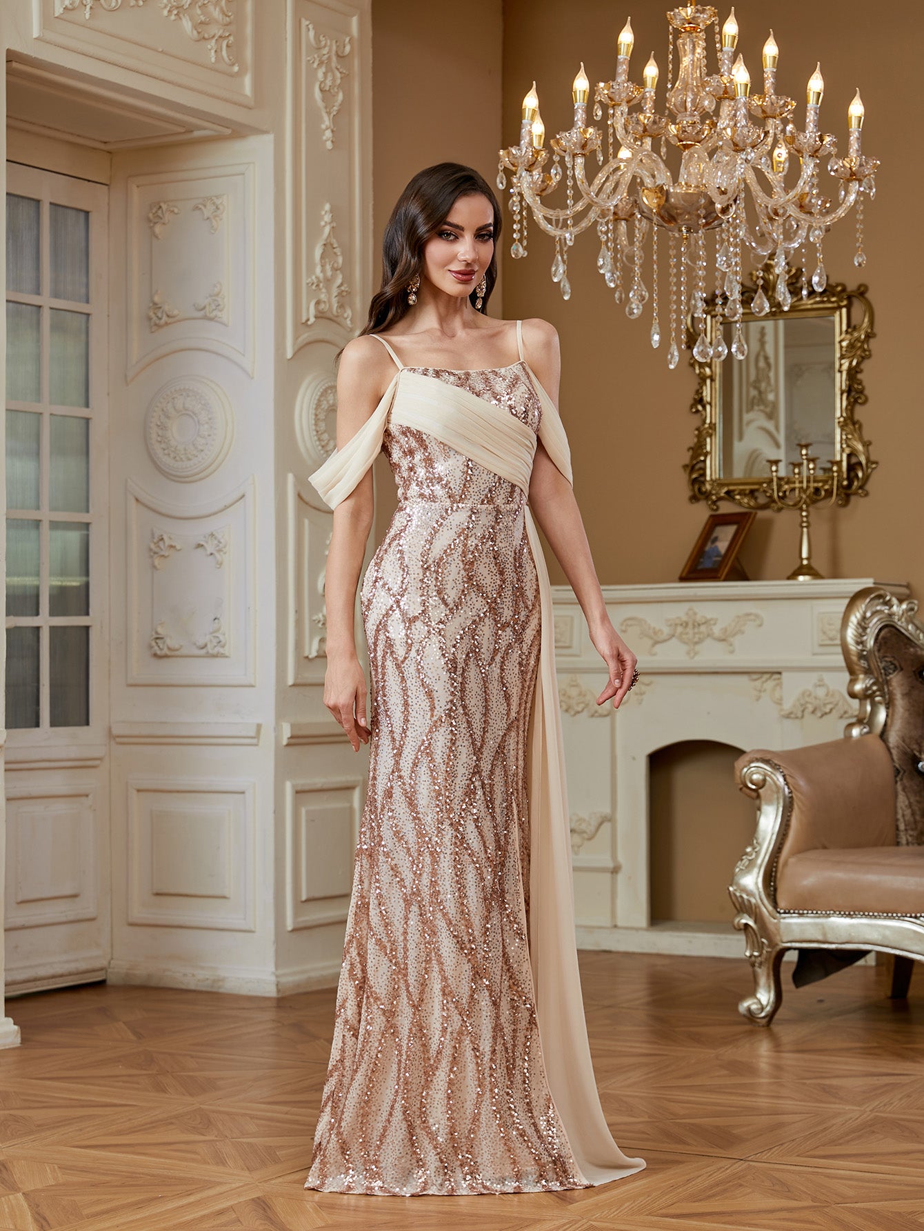evening gown with a halter neck, backless design, sequin embellishments, high slit dress