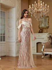 evening gown with a halter neck, backless design, sequin embellishments, high slit dress