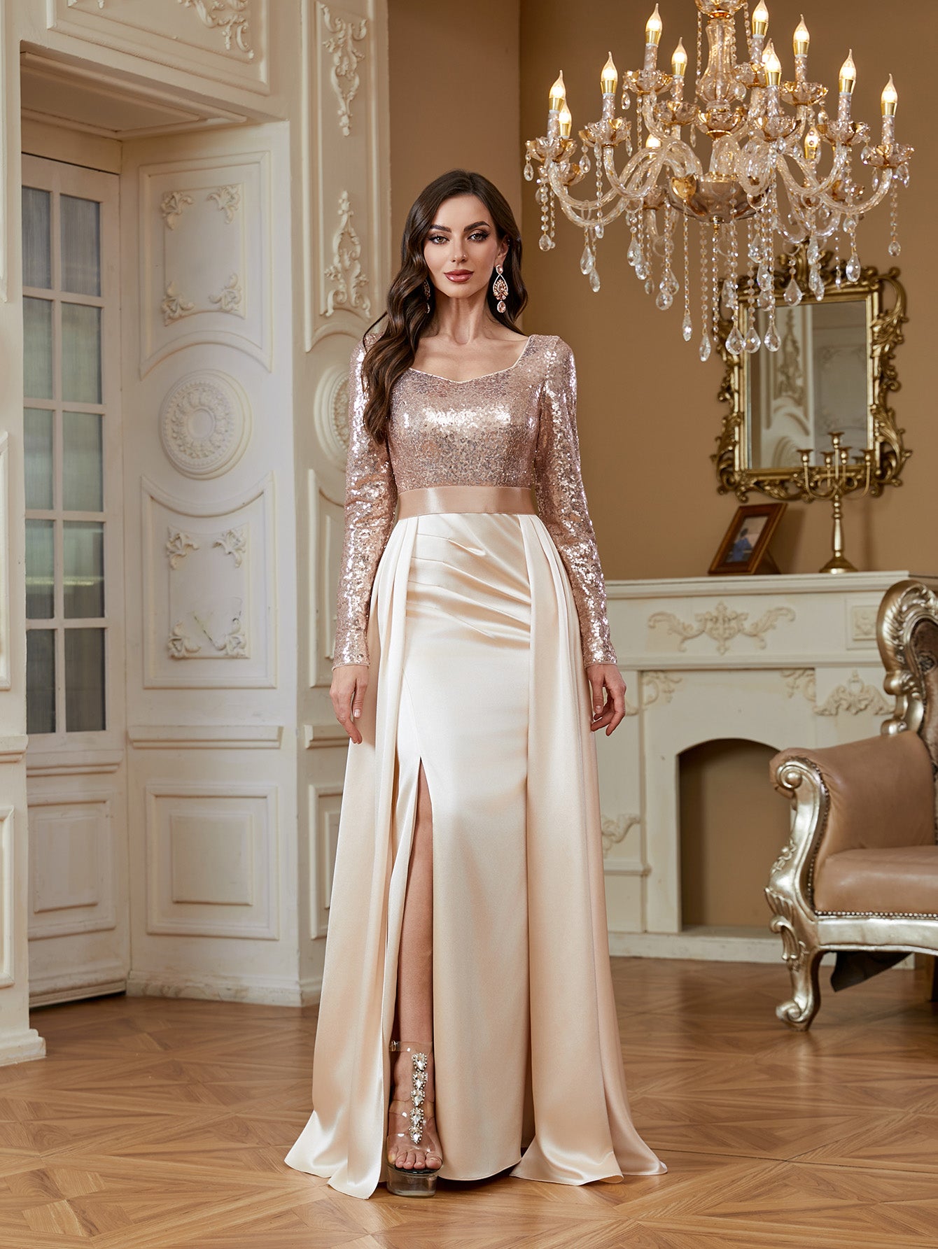 Stretch patchwork waistband and elastic satin skirt