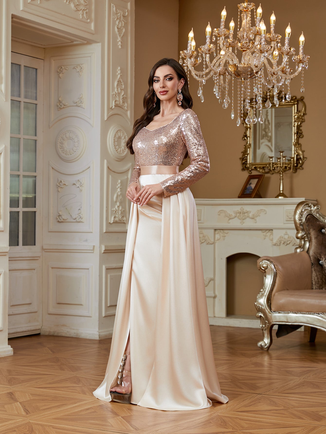 Stretch patchwork waistband and elastic satin skirt