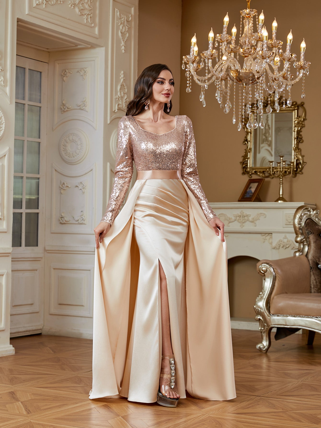 Stretch patchwork waistband and elastic satin skirt
