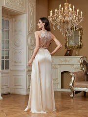 Round neck halter neck sequined embellishment thigh-high slit extra-large skirt satin formal evening gown