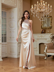 Round neck halter neck sequined embellishment thigh-high slit extra-large skirt satin formal evening gown