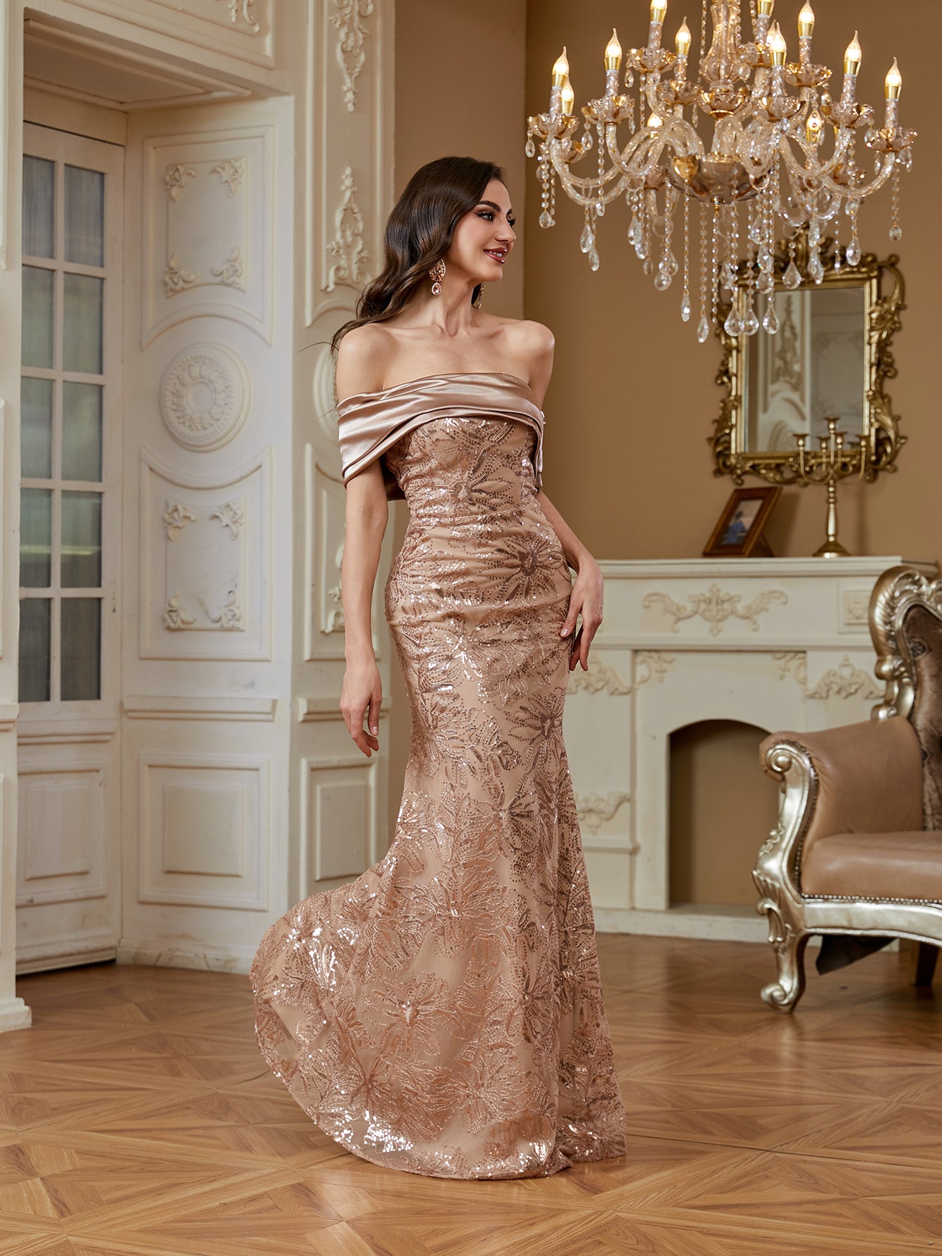 Elegant sequined patchwork design with open back  Zippered backless design