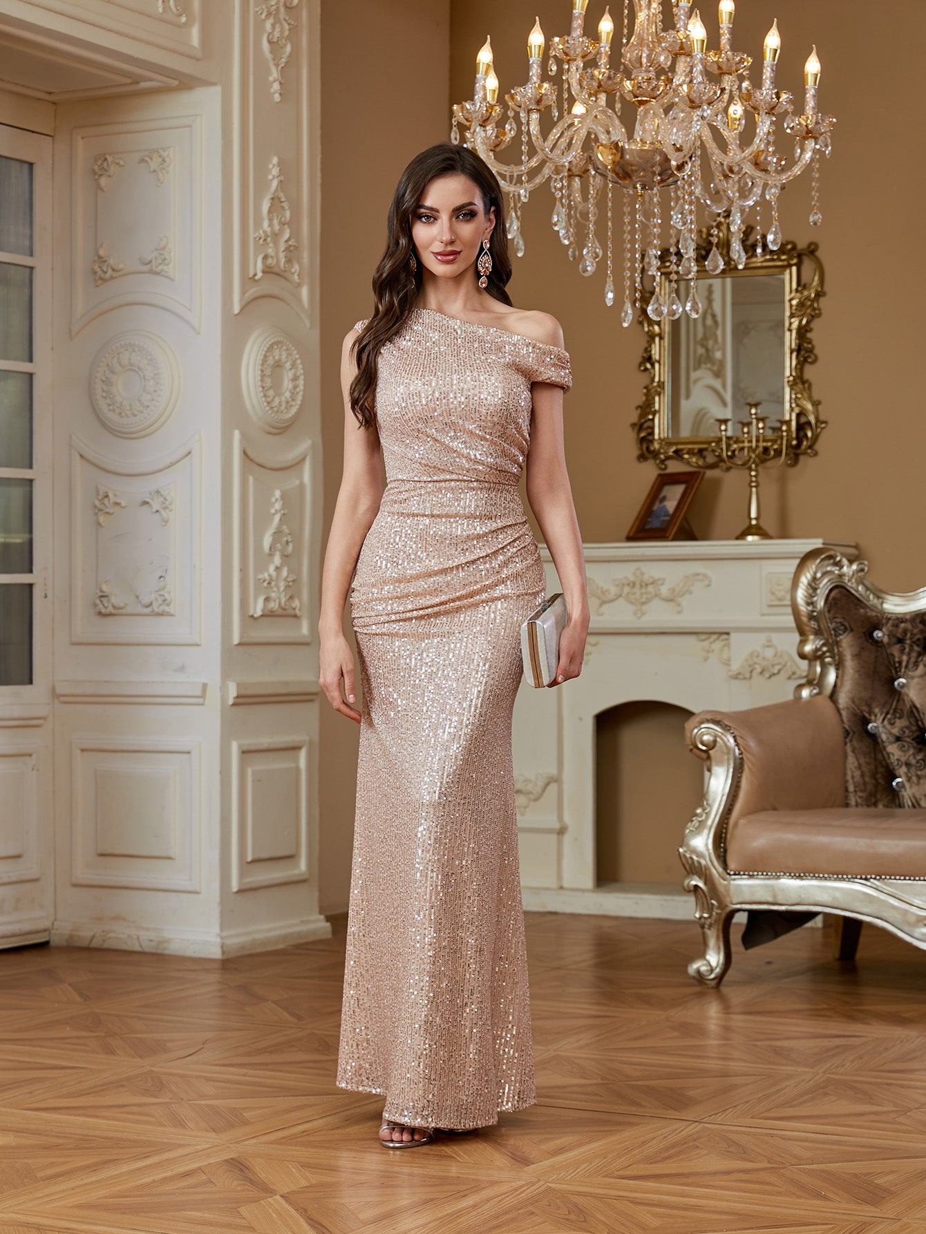 Elegant sequined fishtail gown with one shoulder design