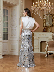 White‑Silver Satin Sequin Patchwork Cap‑Sleeve Mermaid Evening Gown