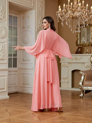 Peach Pink Rhinestone High Neck Cape Sleeve A‑Line Gown