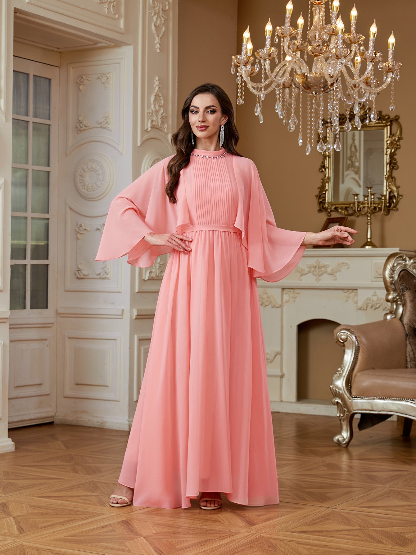 Peach Pink Rhinestone High Neck Cape Sleeve A‑Line Gown