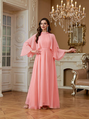 Peach Pink Rhinestone High Neck Cape Sleeve A‑Line Gown