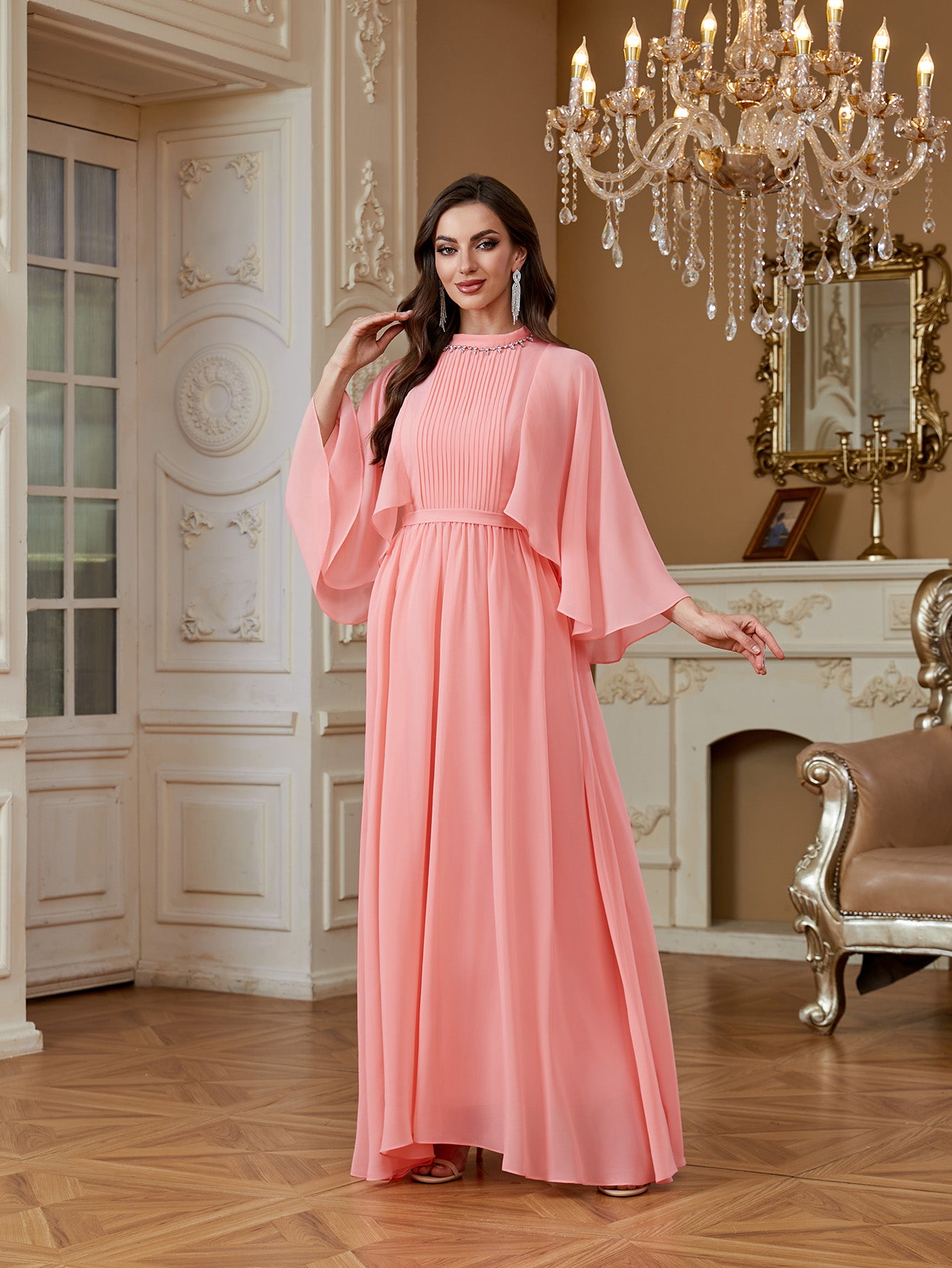 Peach Pink Rhinestone High Neck Cape Sleeve A‑Line Gown