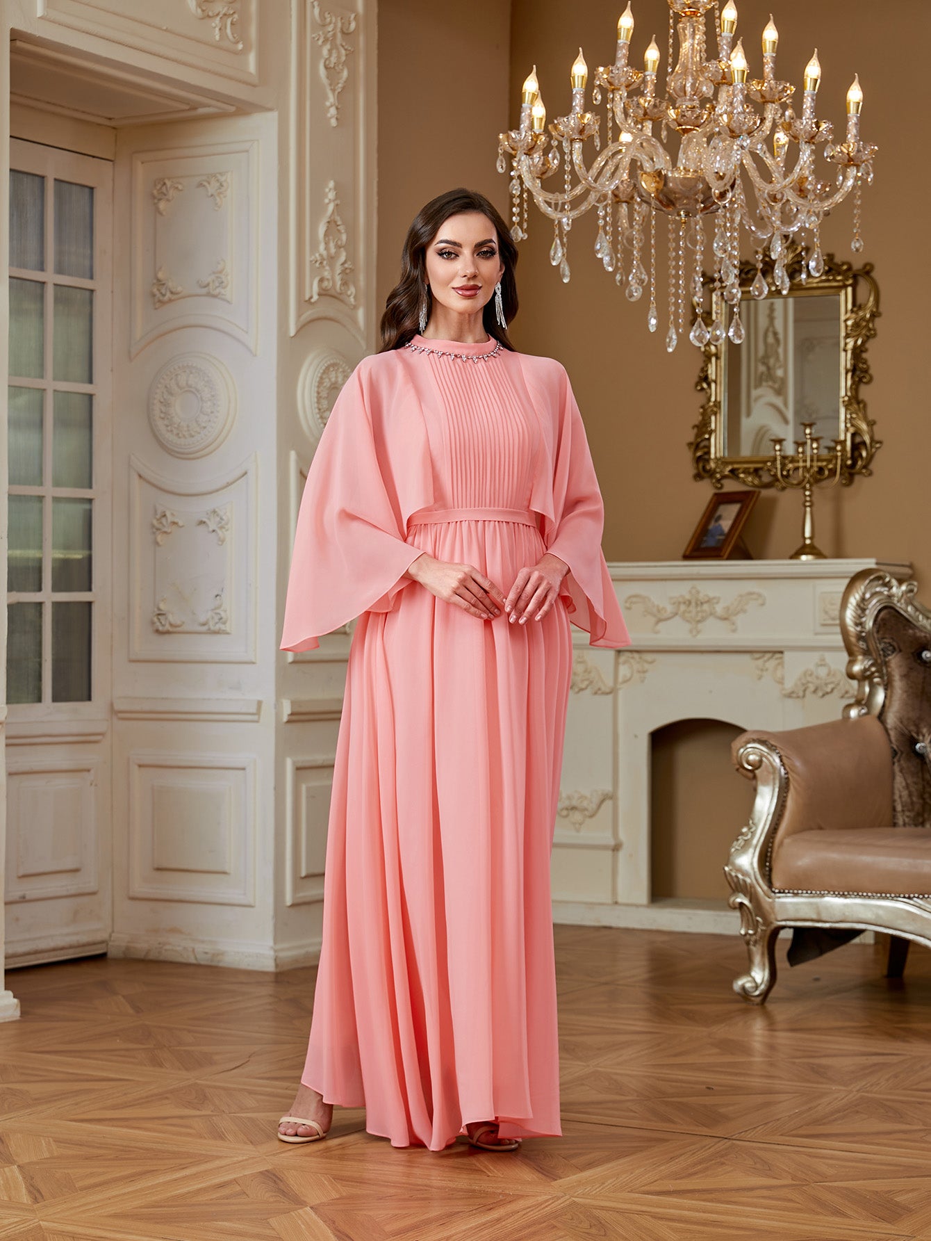 Peach Pink Rhinestone High Neck Cape Sleeve A‑Line Gown