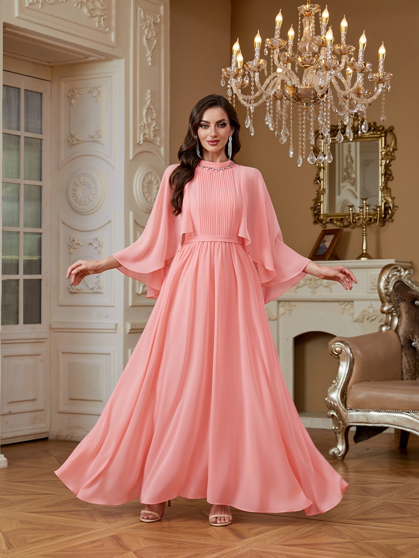 Peach Pink Rhinestone High Neck Cape Sleeve A‑Line Gown