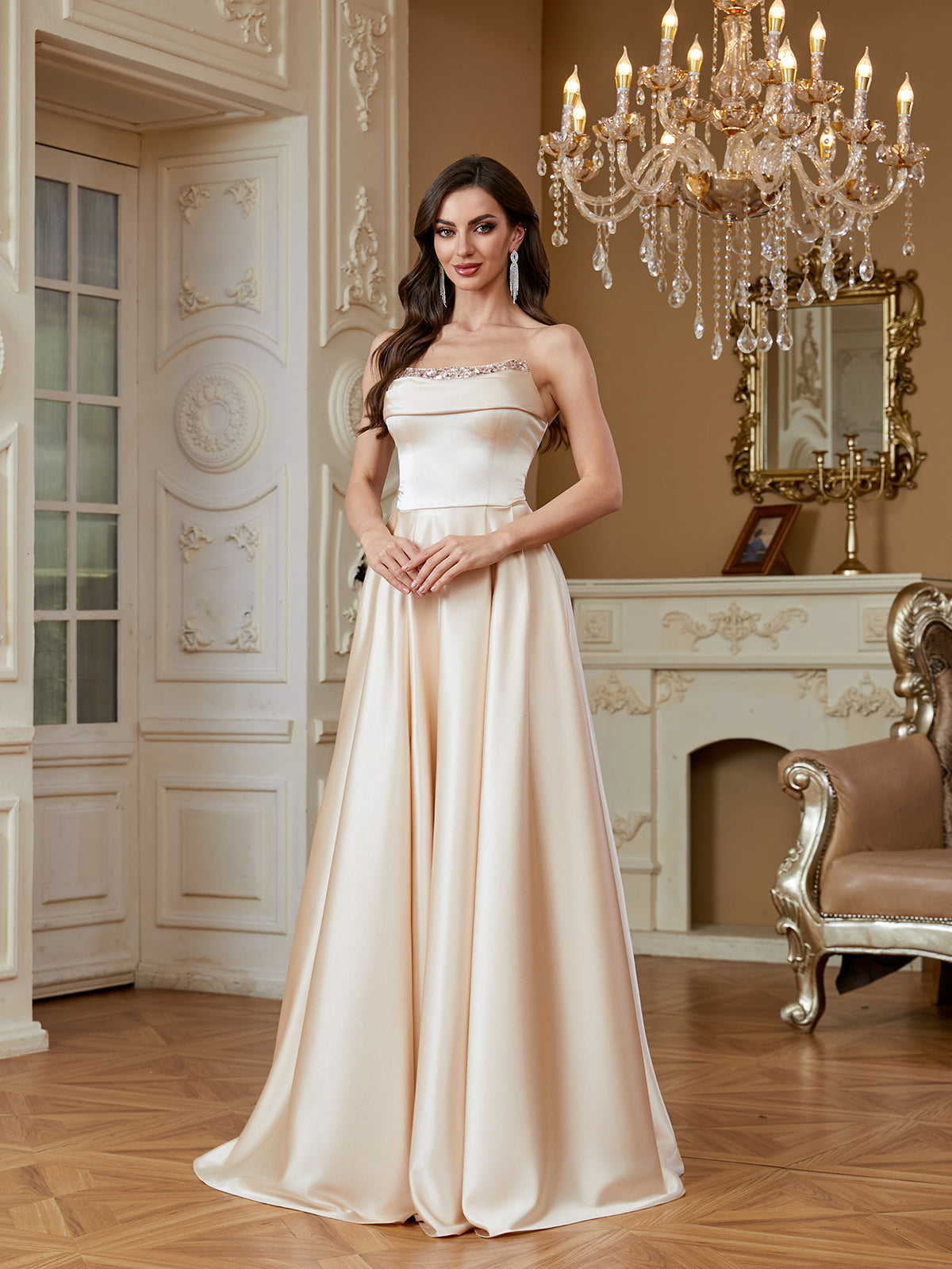 Champagne Beaded Strapless A‑Line High Slit Satin Evening Gown