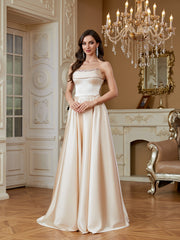 Champagne Beaded Strapless A‑Line High Slit Satin Evening Gown