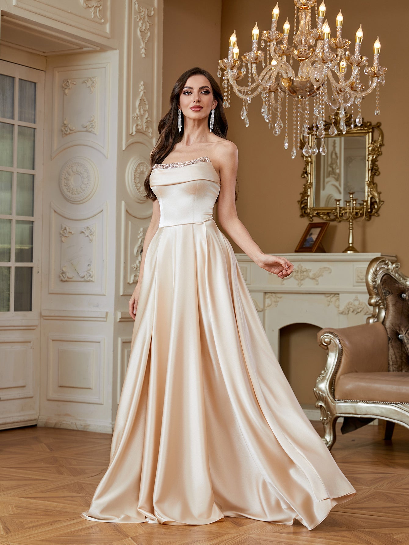 Champagne Beaded Strapless A‑Line High Slit Satin Evening Gown