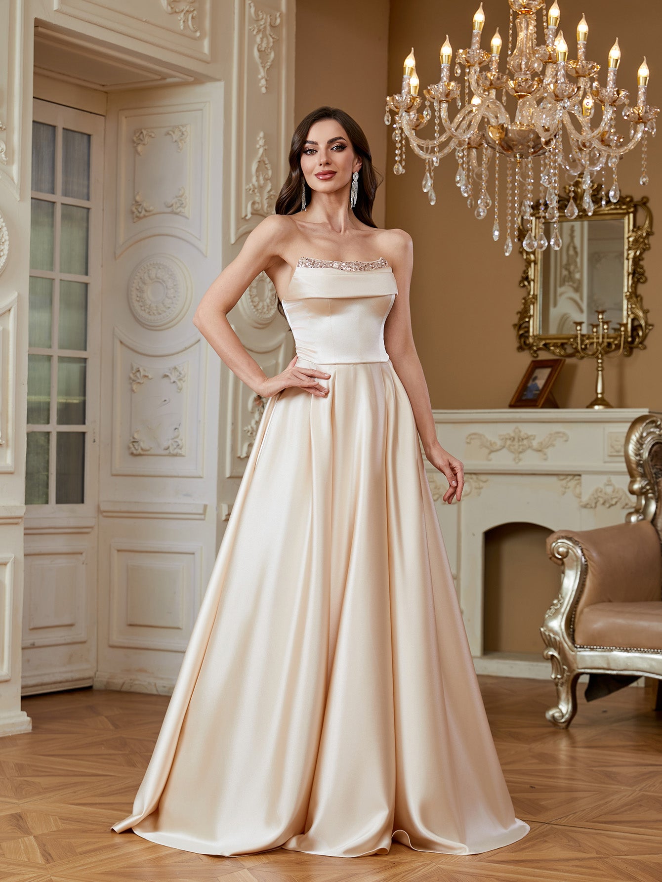 Champagne Beaded Strapless A‑Line High Slit Satin Evening Gown