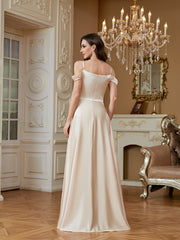 Champagne Off‑Shoulder Strap Satin A‑Line Evening Gown