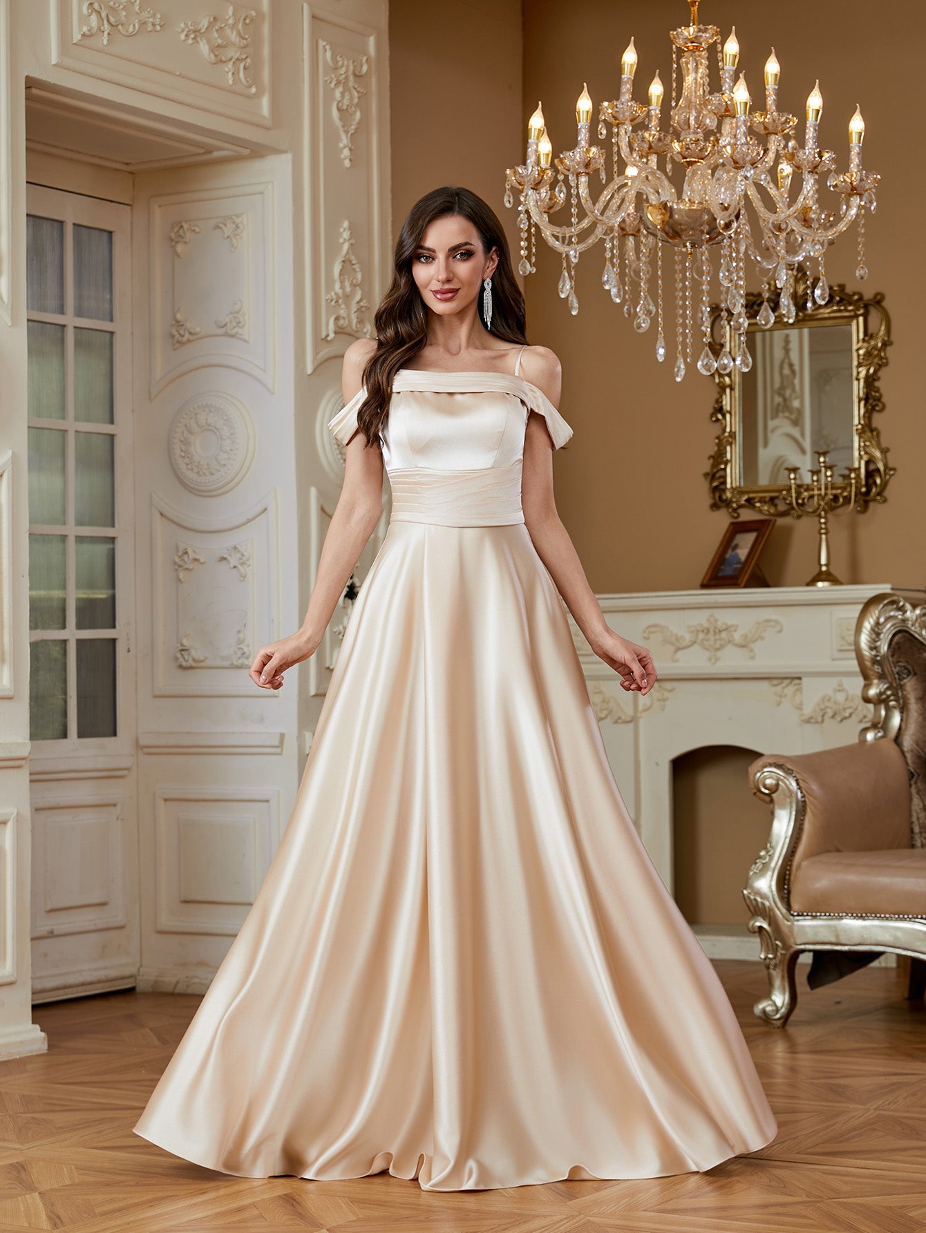 Champagne Off‑Shoulder Strap Satin A‑Line Evening Gown