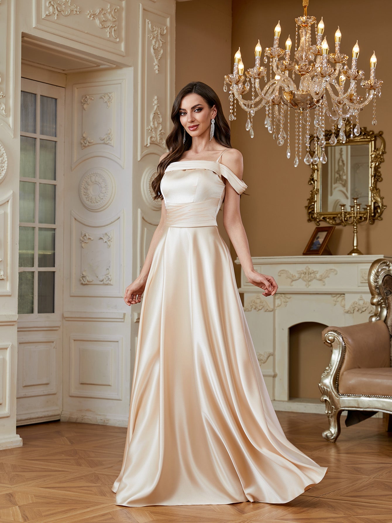 Champagne Off‑Shoulder Strap Satin A‑Line Evening Gown