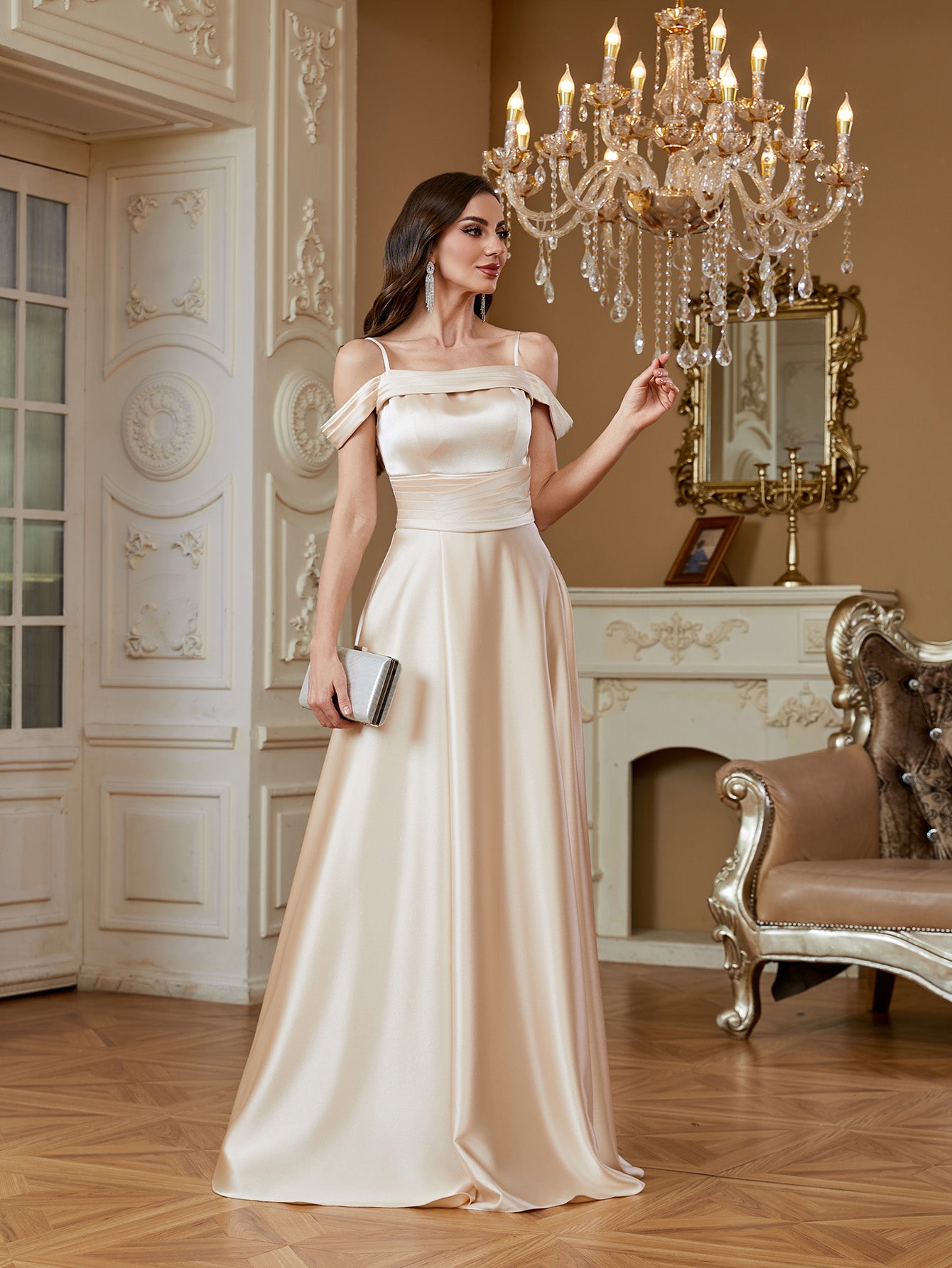Champagne Off‑Shoulder Strap Satin A‑Line Evening Gown