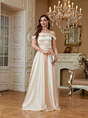 Champagne Off‑Shoulder Strap Satin A‑Line Evening Gown