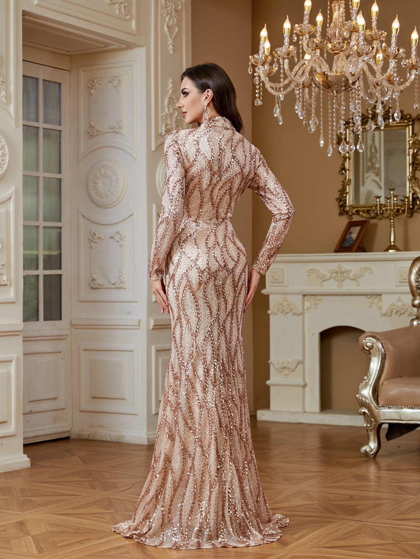 Rose Gold Sequin High Neck Mermaid Maxi Evening Dress