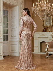 Rose Gold Sequin High Neck Mermaid Maxi Evening Dress