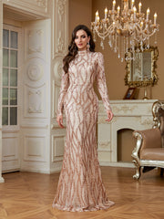 Rose Gold Sequin High Neck Mermaid Maxi Evening Dress