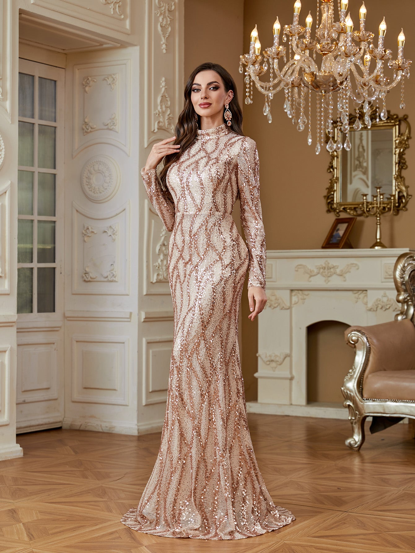 Rose Gold Sequin High Neck Mermaid Maxi Evening Dress