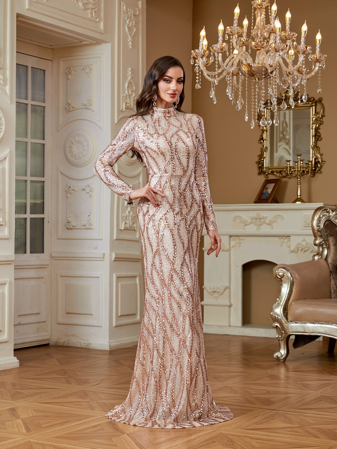 Rose Gold Sequin High Neck Mermaid Maxi Evening Dress