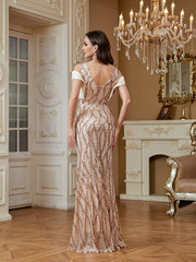 Champagne Rose Gold Wave Sequin Deep V Mermaid Formal Dress