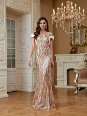 Champagne Rose Gold Wave Sequin Deep V Mermaid Formal Dress