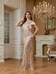 Champagne Rose Gold Wave Sequin Deep V Mermaid Formal Dress