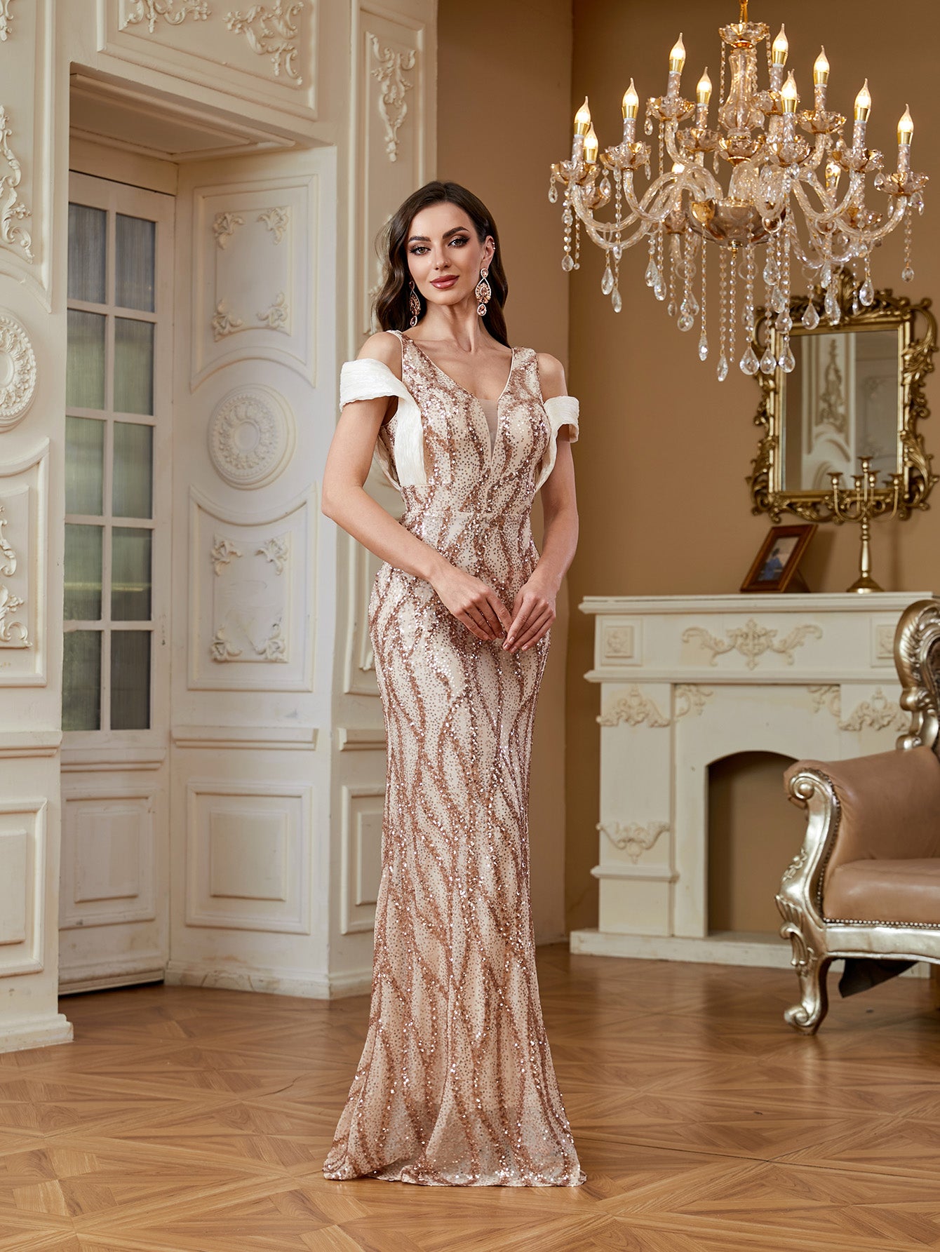 Champagne Rose Gold Wave Sequin Deep V Mermaid Formal Dress