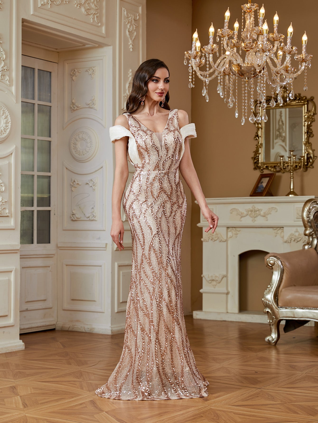 Champagne Rose Gold Wave Sequin Deep V Mermaid Formal Dress