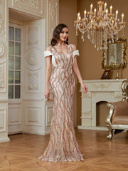 Champagne Rose Gold Wave Sequin Deep V Mermaid Formal Dress