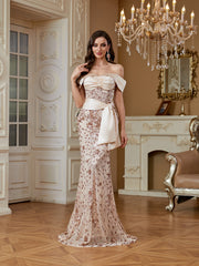 Champagne Sequin Satin Bow Off‑Shoulder Mermaid Dress