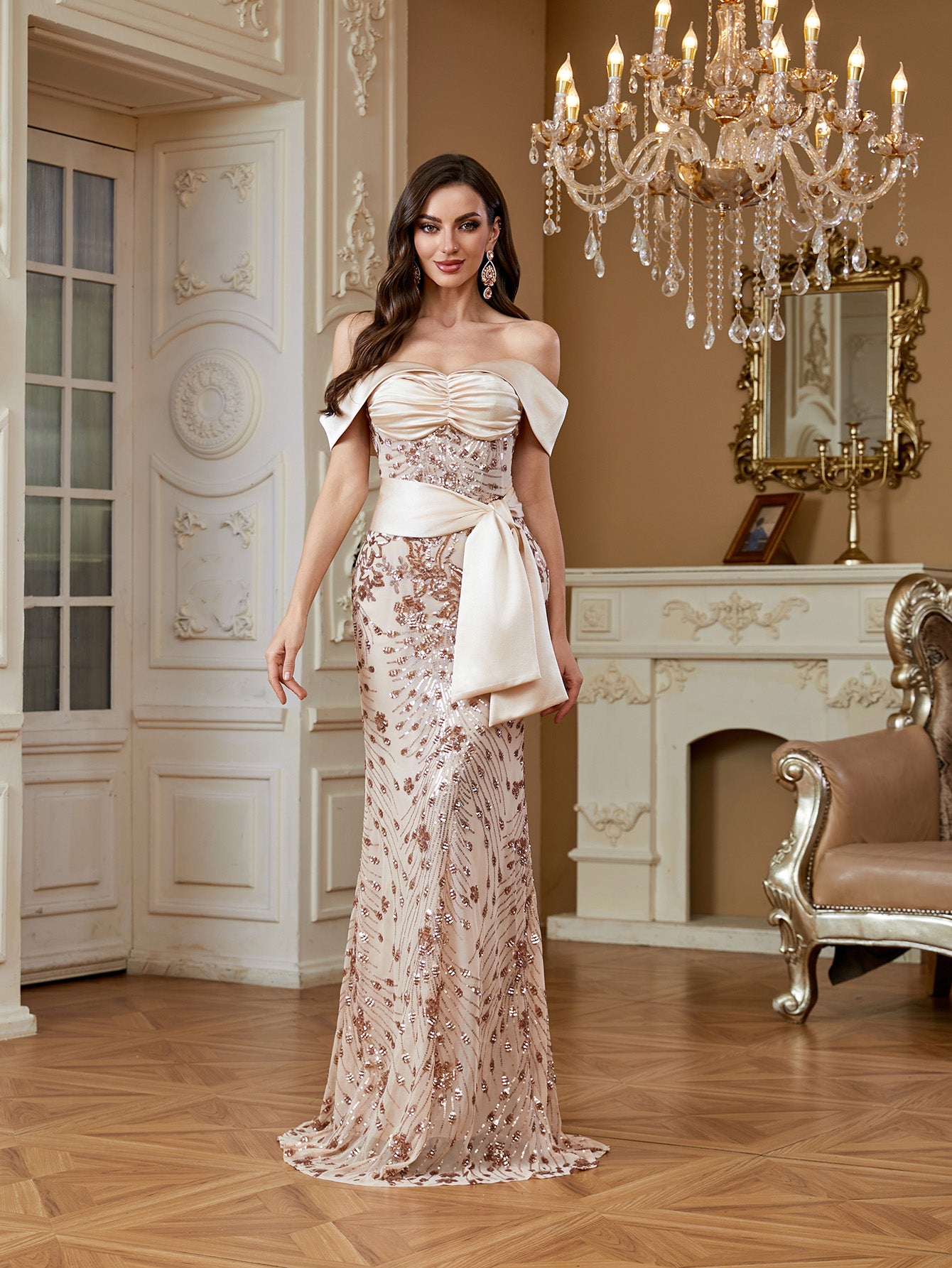 Champagne Sequin Satin Bow Off‑Shoulder Mermaid Dress