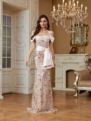 Champagne Sequin Satin Bow Off‑Shoulder Mermaid Dress