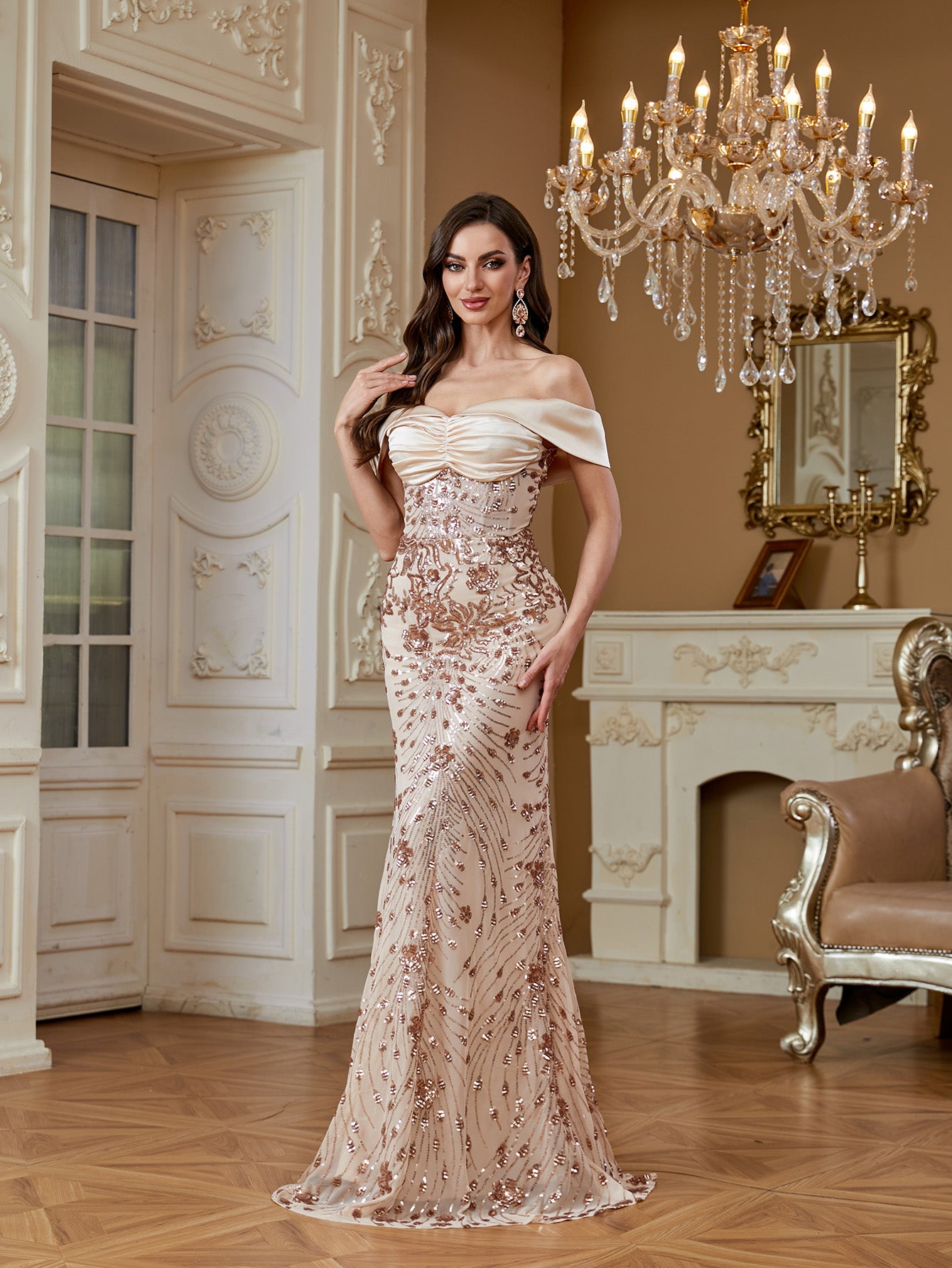 Champagne Sequin Satin Bow Off‑Shoulder Mermaid Dress