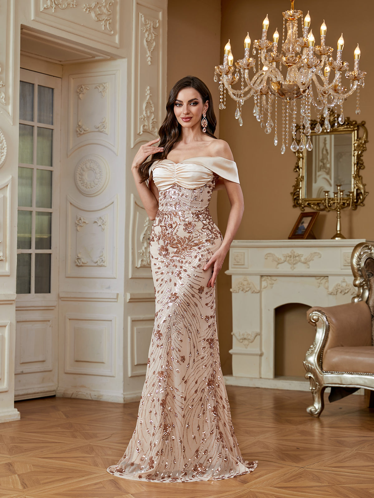 Champagne Sequin Satin Bow Off‑Shoulder Mermaid Dress