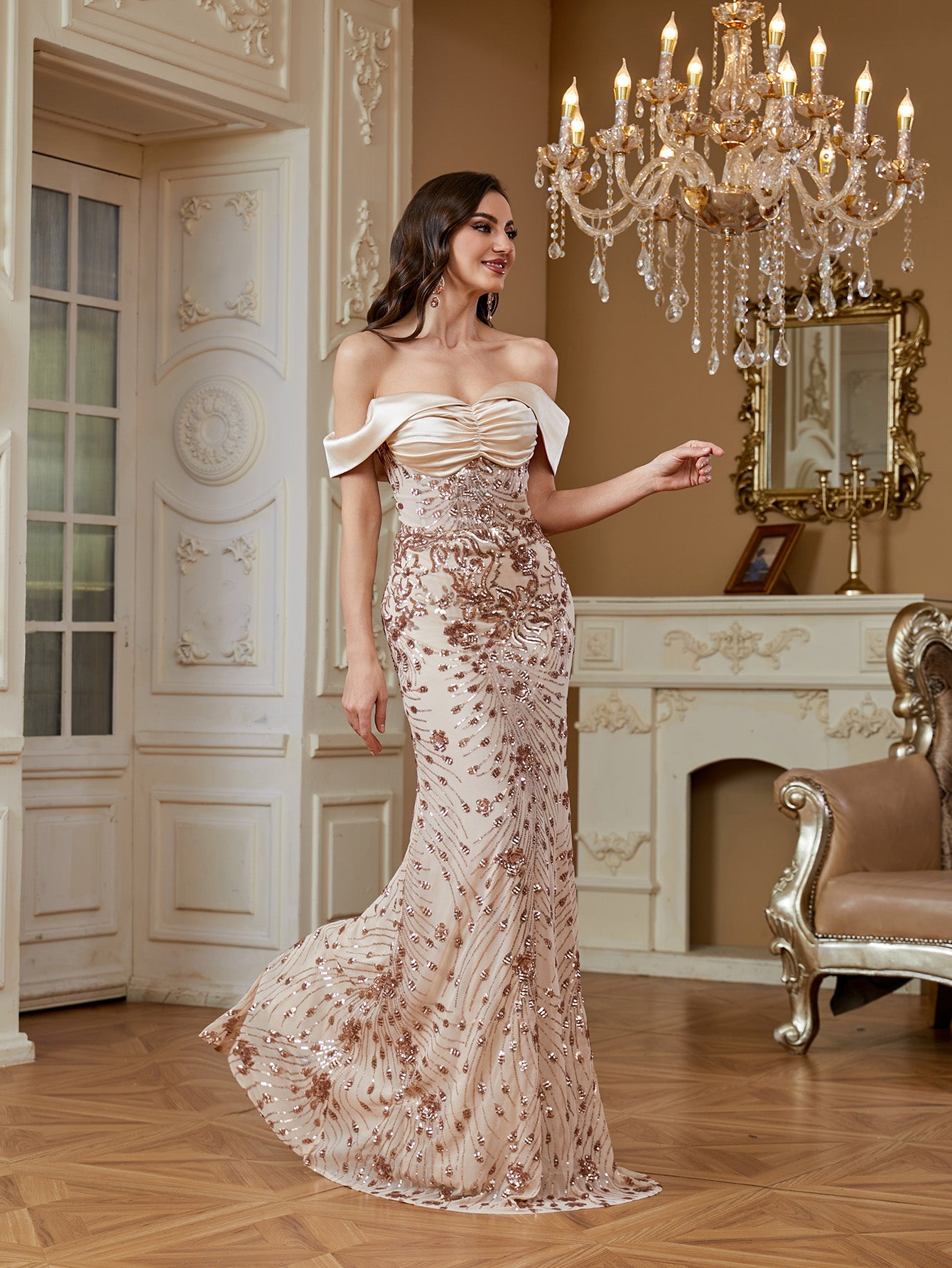 Champagne Sequin Satin Bow Off‑Shoulder Mermaid Dress