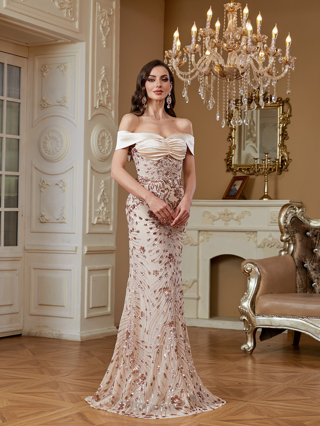 Champagne Sequin Satin Bow Off‑Shoulder Mermaid Dress